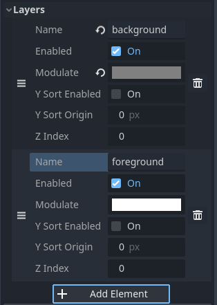 Creating layers in a LayeredTileMap node (example with "background" and "foreground")