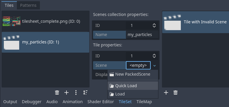 Creating a scene slot, then loading a scene file into it in the LayeredTileSet editor