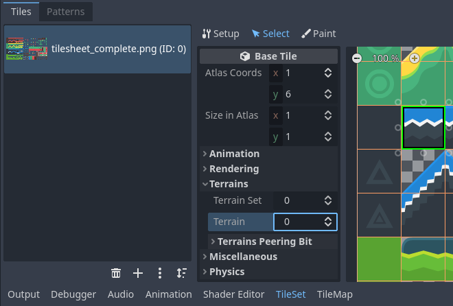 Configuring terrain on a single tile in the LayeredTileSet editor's Select mode
