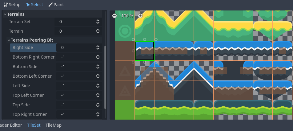 Configuring terrain peering bits on a single tile in the LayeredTileSet editor's Select mode