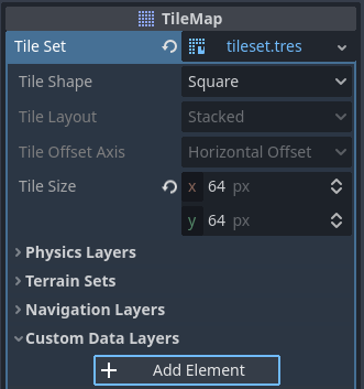 Creating a custom data layer in the LayeredTileSet resource inspector (within the LayeredTileMap node)