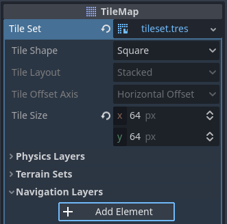 Creating a navigation layer in the LayeredTileSet resource inspector (within the LayeredTileMap node)