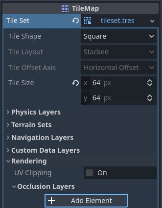 Creating an occlusion layer in the LayeredTileSet resource inspector (within the LayeredTileMap node)