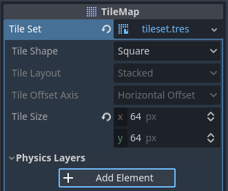 Creating a physics layer in the LayeredTileSet resource inspector (within the LayeredTileMap node)