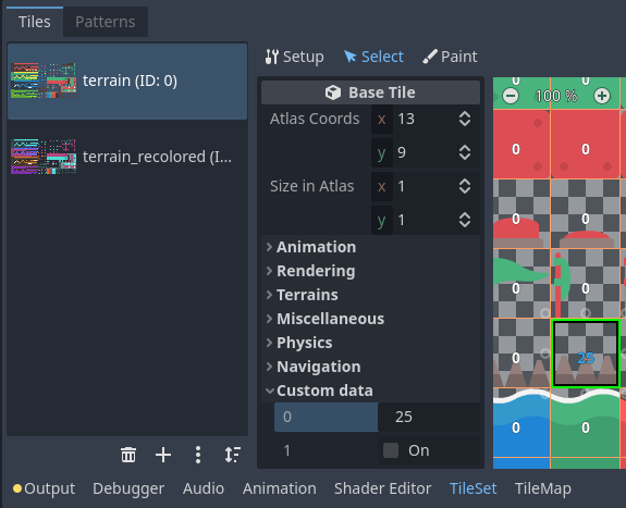 Editing custom data in the LayeredTileSet editor while in Select mode